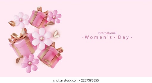 International Women's Day poster with Female sign 3d and composition of spring pink flowers.