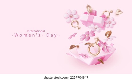 Afiche del Día Internacional de la Mujer con el cartel femenino 3d y composición de flores de color rosa primavera