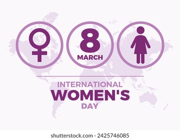 International Women's Day poster with female symbols vector illustration. Female gender symbol round icon set. Template for background, banner, card. March 8 every year. Important day