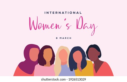 international women's day poster with five illustrations of women's. women's day illustration flat style design