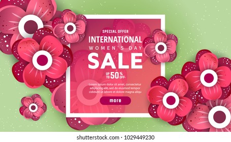 International women's day poster. illustration with red origami flowers. The illustration can be used in the newsletter, brochures, postcards, tickets, advertisements, banners.