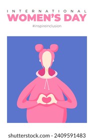 International Womens Day poster. Inspire inclusion 2024 campaign. Hand drawn vector illustration of woman in faceless flat style.