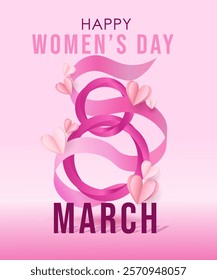 International women's day poster. March 8. Female symbol with tulips flowers and butterfly, heart, white flower, banner concept design on pink background. Typographic greeting card design. Vector