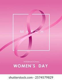 International women's day poster. March 8. Female symbol with tulips flowers and butterfly, heart, white flower, banner concept design on pink background. Typographic greeting card design. Vector