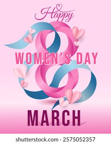 International women's day poster. March 8. Female symbol with tulips flowers and butterfly, heart, white flower, banner concept design on pink background. Typographic greeting card design. Vector