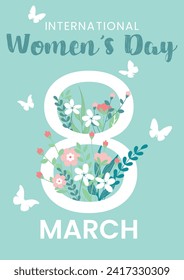 International Women's Day poster with the number 8, flowers, butterflies and text on a blue background. Vertical flat vector illustration for banner, greeting card, flyer, sale promotion template.