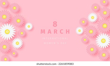 International women's day poster. Pink and white daisy flowers on pink background