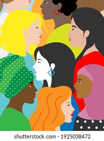 International women's day poster. Profile faces of different races.