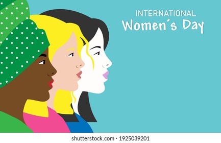 Afiche del Día Internacional de la Mujer. Caras de perfil de diferentes razas. Espacio para texto