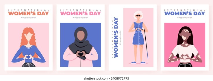 International Womens Day poster set. Inspire inclusion 2024 campaign. Group of women of different ethnicity, age, body type, hair color vector illustration in faceless flat style.