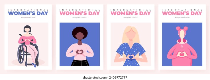 International Womens Day poster set. Inspire inclusion 2024 campaign. Group of women of different ethnicity, age, body type, hair color vector illustration in faceless flat style.