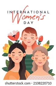 Afiche del Día Internacional de la Mujer. Tres chicas lindas con un fondo blanco. 