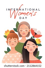 International Women's Day poster. Three cute girls on a white background. 