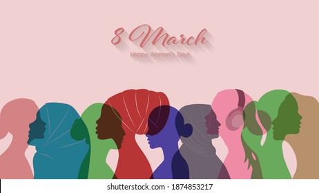 International Women's Day poster. Vector illustration with women different nationalities, cultures and age.Good for greeting card, social media banner, background, splash screen, cover