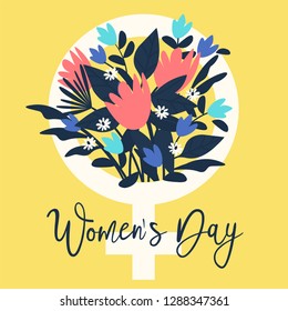 International women's day poster. Woman sign with bouquet flowers. Design template. Happy Mother's Day.