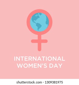 International women's day poster. Woman sign with planet earth inside. Banner design template. Happy Mother's Day.  Venus mirror. Sisterhood and women power