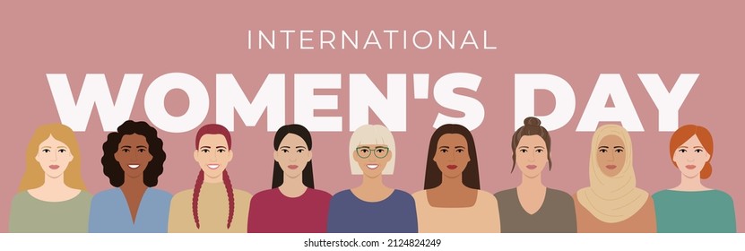 International Womens Day poster. Women with different hairstyles, skin colors, races, ages stand together. Diverse faces of smiling women. Girl power. Female empowerment. Flat vector illustration.