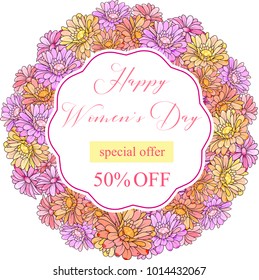 International women's day poster.Floral Greeting card.Season discount banner.
Cute Card Design Template for  8 march,Birthday, Anniversary, Wedding, Baby Shower.Colorful detailed vector illustration.
