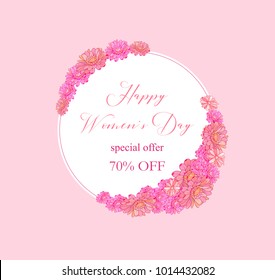 International women's day poster.Floral Greeting card.Season discount banner.
Cute Card Design Template for  8 march,Birthday, Anniversary, Wedding, Baby Shower.Colorful detailed vector illustration.