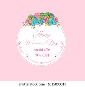 International women's day poster.Floral Greeting card.Season discount banner.
Cute Card Design Template for  8 march,Birthday, Anniversary, Wedding, Baby Shower.Colorful detailed vector illustration.
