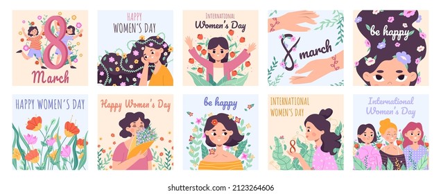 International womens day posters, celebrating march 8 postcards. Spring holiday cards with cute girls and flowers vector illustration set. Womens day flyers. Female character hold bouquet