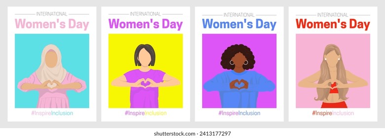 International Women's Day posters. InspireInclusion 2024 campaign. Women with heart-shaped hands. Faceless cartoon vector illustrations for flyers, banners, social media.