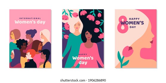 Afiches del Día Internacional de la Mujer. Antecedentes con diferentes caras femeninas y flores. 8 de marzo, tarjeta, volante, invitación o hoja de papel para el movimiento de empoderamiento. Ilustración vectorial.