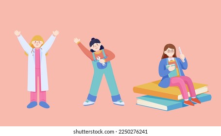 International women's day professional females set isolated on pink background. Including doctor, mechanic, and scholar sitting on stack of books.