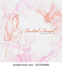 International Women's Day with quotes "Beautiful and powerful" text on abstract marble liquid background. Vector illustration.