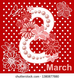 International Women's Day. Red card with flowers.