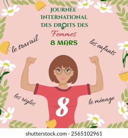 International Women's Day Women's Rights in French with floral elements. March 8. Vector.