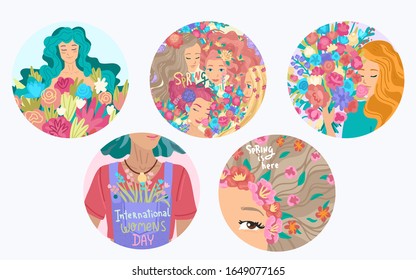 International Women's Day round stickers set. Circle badges for day on 8 March. Woman with flowers bouquet. Cute cartoon female characters. Feminism concept. Vector illustration