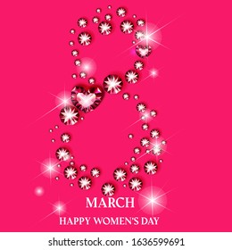 International Women's Day. Ruby crystals  on pink background. Greeting card. 8 march. Happy women's day.