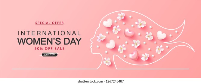 International Womens Day sale background.Paper cutout girl face with flowers, hearts and beads . Vector illustration for website , posters,ads, coupons, promotional material.