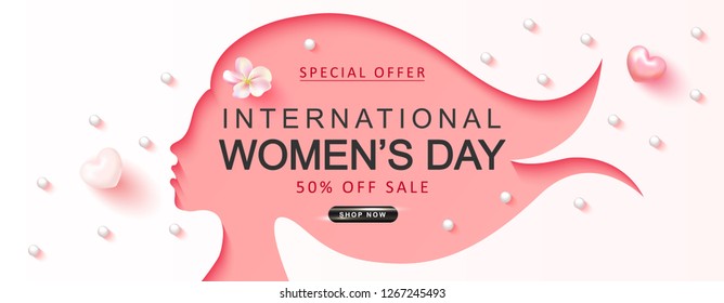 International Womens Day sale background.Paper cutout girl face with flower, hearts and beads . Vector illustration for website , posters,ads, coupons, promotional material.