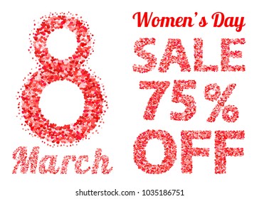 International Women's Day sale banner with letters and numbers of scattered hearts confetti. March 8 vector illustration isolated on white background.  Easy to edit design template for your artworks.