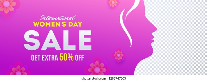 International Women's Day Sale banner, illustration of woman face with decorative paper flowers and 50% discount offer.