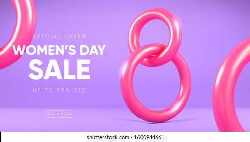 International women's day sale banner. Plastic 8 number 3D render. Eps10 vector.