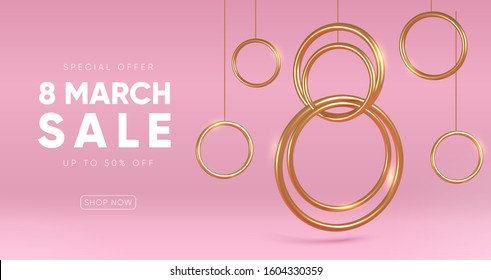 International Women's Day sale banner with golden decor elements. Eps10 vector.