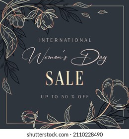 International Women's Day sale banner with golden decor elements.