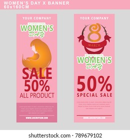 International Women's Day sale banner with woman face icon. Vector illustration