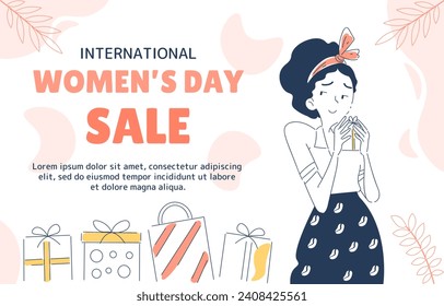 International womens day sale. Marketing and advertising. Discounts and promotions. 8 march, sisterhood and feminism. Electronic commerce and shopping. Doodle flat vector illustration