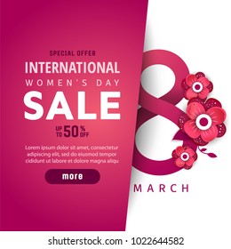 International women's day sale poster. Color flowers in style paper cut. Trendy Design Template. 