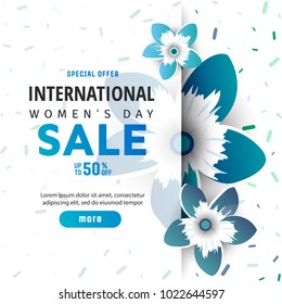 International women's day sale poster. Color flowers in style paper cut. Trendy Design Template. 