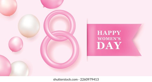 International Women's Day sales design template. Festive background with number 8 balloon and pink ribbon. 3d vector rendering.