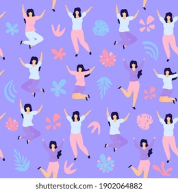 International Women's Day seamless pattern. Sisterhood. Group of young joyful girls jumping with raised hands.