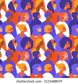 International women's day seamless pattern. Crowd of multinational girls in different multicolored clothes. Female diverse faces of different ethnicity. Women empowerment movement concept. Flat vector