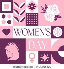 International Women's Day seamless pattern in scandinavian style postcard with Retro clean concept design
