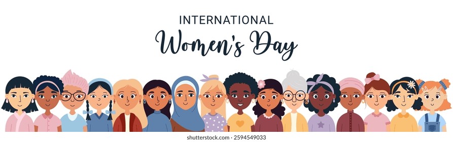 International women's day. Set of different ethnicities cultures women. Inspire inclusion background. Hand drawn vector illustration