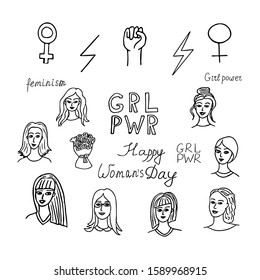 International Women's Day Set Elements in hand drawn style. Scandinavian doodle collection.